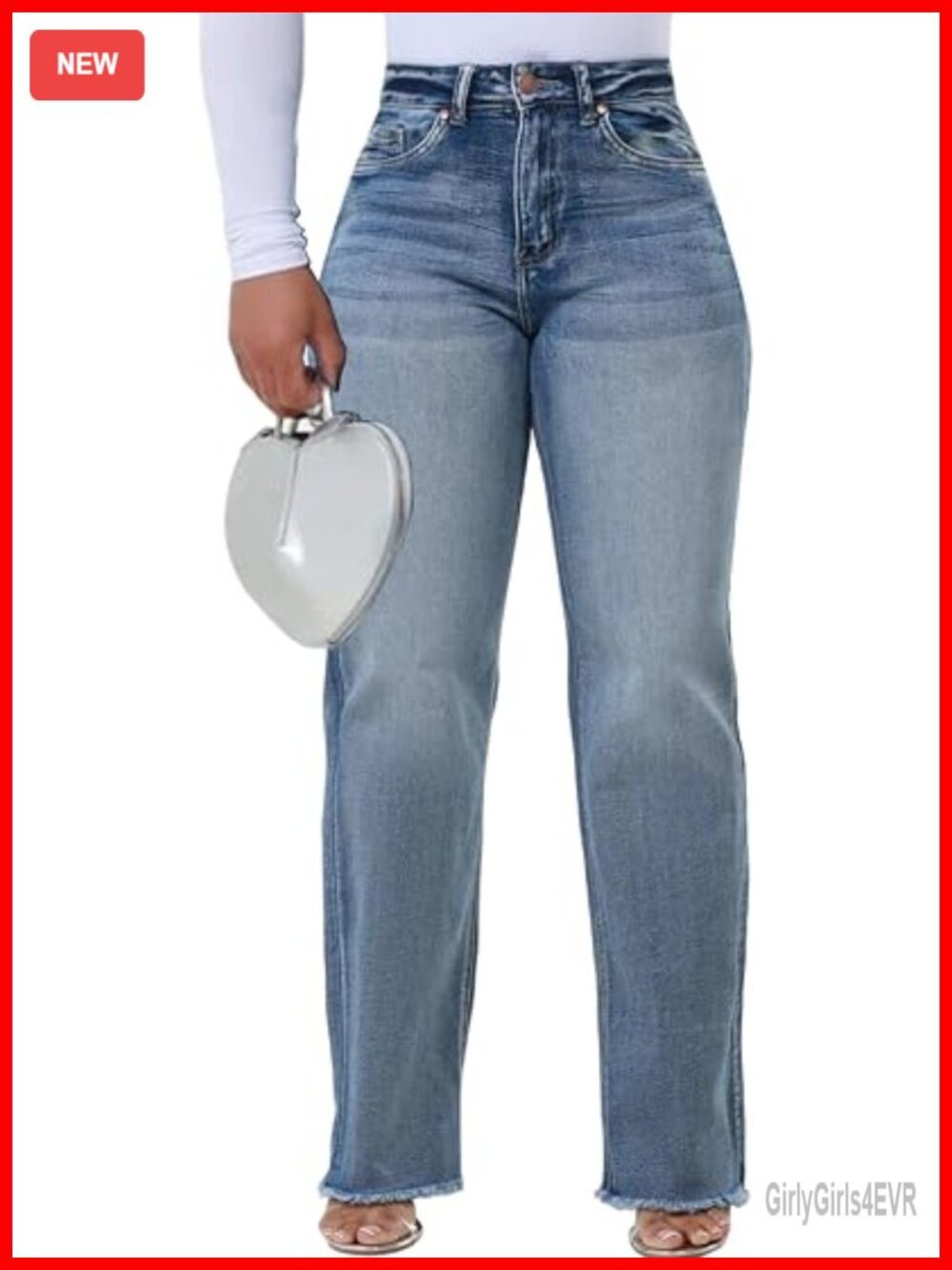 High Waist Wide Leg Distressed Raw Hem Destroyed Straight Leg Stretchy Denim